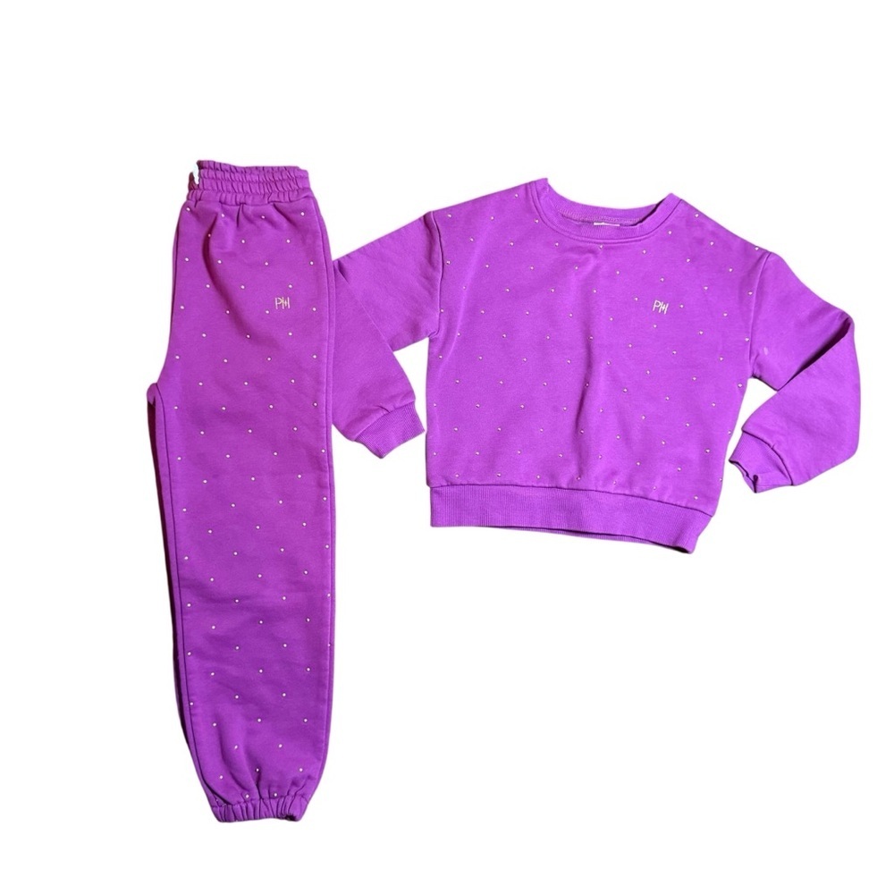 Paris Hilton Girls Purple Sweatshirt Jogger Set Studded Logo Size 5/6